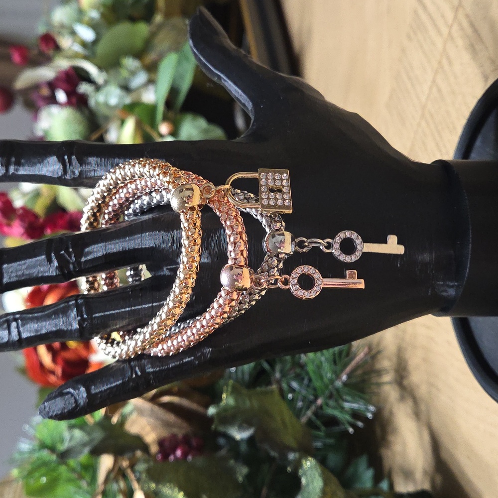 Gold Rose Gold and Silver Lock And Key Charm Bracelets